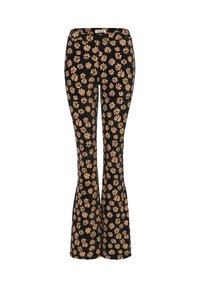 Zwarte flare-pantalons met een bloemenpatroon in roze en crème, gemaakt van lichtgewicht stof, met een elastische tailleband voor comfort.