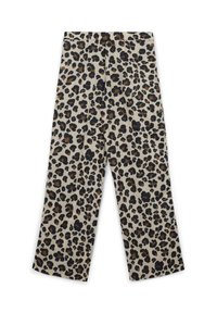 Pantalon en imprimé léopard avec un fond beige, présentant des taches noires et brunes. Design à jambes droites et taille élastique pour le confort.
