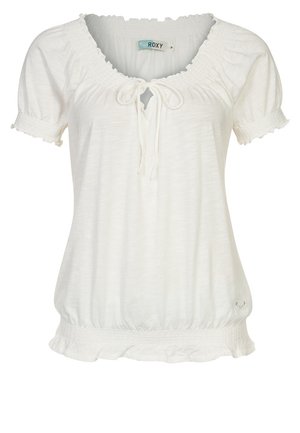 Biała bluzka z krótkim rękawem, ze ściąganym dekoltem, wiązanym detalem, elastycznymi ściągaczami i subtelnym logo w kształcie serca w dolnej części.