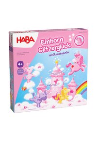 HABA Unicorn Glitterluck game box features a pink background with unicorns, clouds, and a castle. Includes colorful graphics and playful elements.