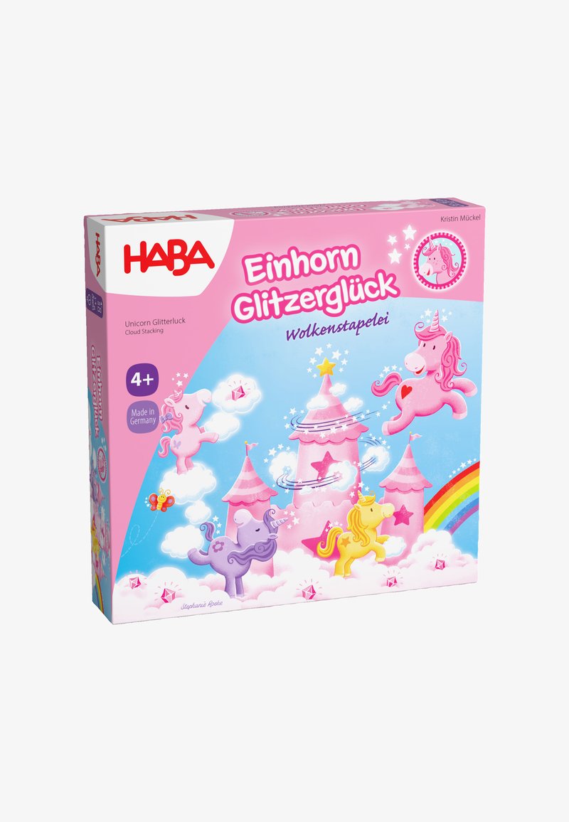 HABA Unicorn Glitterluck game box features a pink background with unicorns, clouds, and a castle. Includes colorful graphics and playful elements.