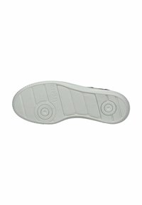 Semelle de chaussure en caoutchouc blanc avec un motif texturé, comportant des accents circulaires et des rainures pour l'adhérence. Construction robuste avec des détails en relief.