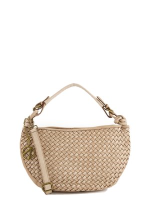 Gewebte beigefarbene Lederhandtasche mit runder Form, kurzem oberen Griff, verstellbarem Riemen und charmantem Frieden-Symbol aus Gold.