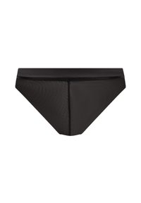 Zwarte bikinionderkant met een soepele, elastische tailleband en een gestructureerd mesh lichaam. Ontworpen in een klassieke slipstijl met een naadloze afwerking.