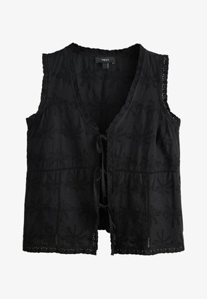 Must musta varrukateta vest lillede tikandiga, pitsäärise ja nööpkinnitusega. Pehme kangas tekstuuriga pinnaga ja avatud esikujundusega.