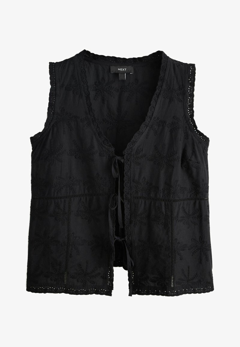 Veste noire sans manches avec broderie florale, bordure en dentelle et fermeture à nouer. Tissu doux avec surface texturée et design à ouverture frontale.