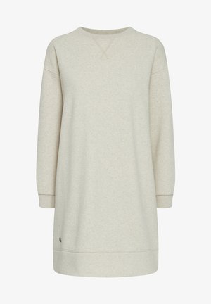 Crème-kleurige sweatshirt jurk met een relaxte pasvorm, lange mouwen, een ribbelneklijn en omslagmouwen. Heeft een klein logo nabij de zoom.