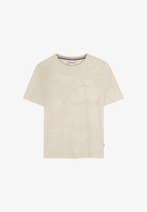 T-shirt in cotone beige con un sottile motivo camouflage, scollo a girocollo, vestibilità regolare, maniche corte e logo ricamato sul davanti.