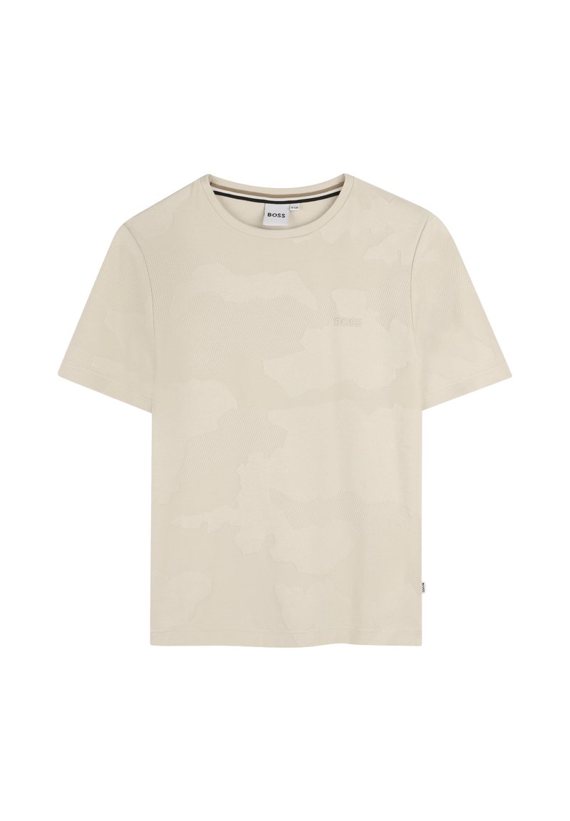 T-shirt in cotone beige con un sottile motivo camouflage, scollo a girocollo, vestibilità regolare, maniche corte e logo ricamato sul davanti.