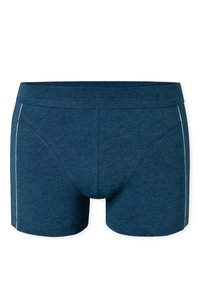 Mörkblå boxershorts gjorda av mjukt, andningsbart tyg. Har en snug passform med en kontrasterande vit kant längs sidorna.