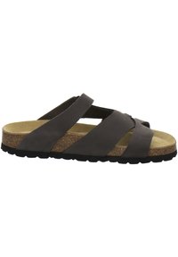 Slip-on sandal with dark brown leather cross straps, cork footbed, and textured black rubber outsole. Features an open toe design.