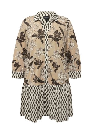 Sukienka w kwiatowy wzór w kolorze beżowym i czarnym, z kołnierzykiem, guzikiem z przodu oraz kontrastowym wzorem na dolnym końcu z plisami.