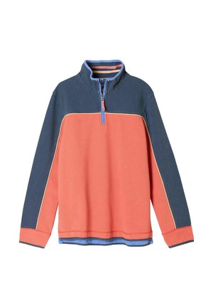 Langärmliger Pullover mit marineblauem Oberteil und Ärmeln, lachsrosa Körper, blauem Kragenfutter und halbem Reißverschluss vorne mit blau-orangefarbenem Reißverschlussanhänger.