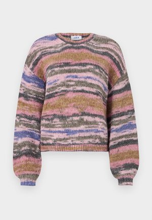 Multicolore gebreide trui met een ronde halslijn, lange mouwen en een textuurpatroon in roze, blauw, bruin en grijze tinten.