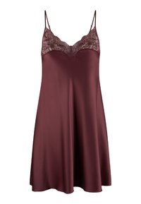 Vinrød satin-natkjole med justerbare spaghetti-stropper og en blondebesat halsudskæring. Glat, flydende stof med en afslappet pasform.