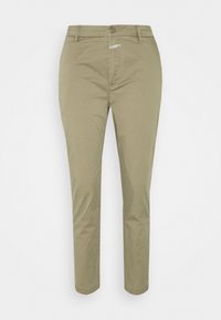 Béžové slim fit kalhoty s předním zapínáním na knoflík a zip, poutky na opasek a malou textilní etiketou poblíž pasu.