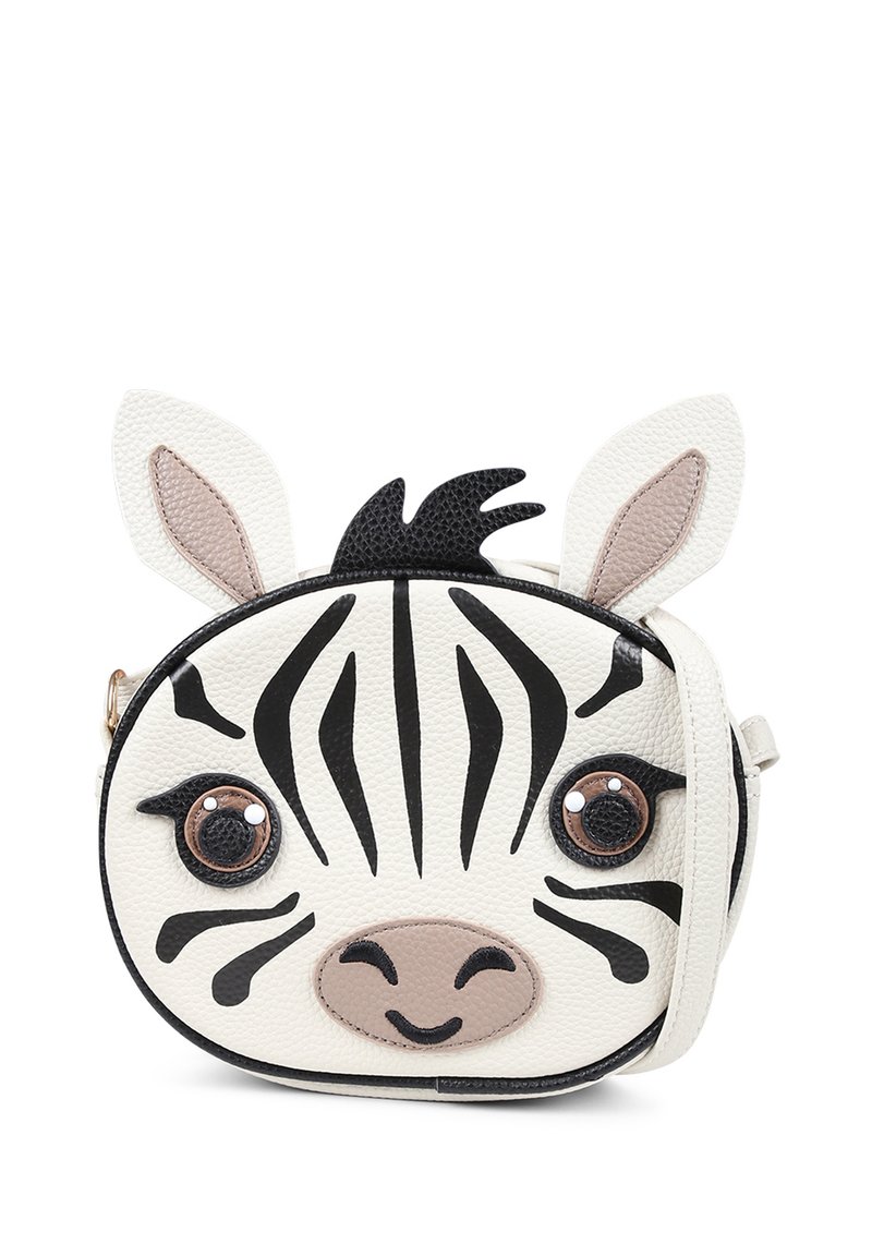 Weiße Kunstleder-Crossbody-Tasche in Zebraform, mit schwarzen Streifen, großen braunen Knopfaugen und Ohrenakzenten.