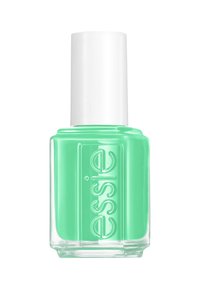 Vernis à ongles vert dans un flacon en verre transparent avec un capuchon blanc. Présente une texture lisse et une finition brillante. Logo "Essie" visible.