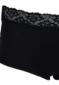 Zwarte katoenen boyshorts met een geschulpte kanten tailleband en subtiele decoratieve afwerking langs de randen. Gladde textuur, aansluitend ontwerp.