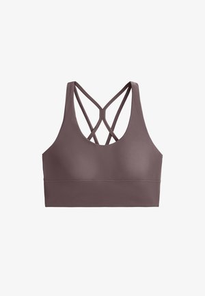 Sutien sport brown, cu un design fără cusături, având o bandă lată și bretele încrucișate la spate pentru susținere și confort.