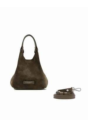 Borsa in suede marrone scuro con un manico superiore singolo e una tracolla abbinata staccabile con ganci in argento.