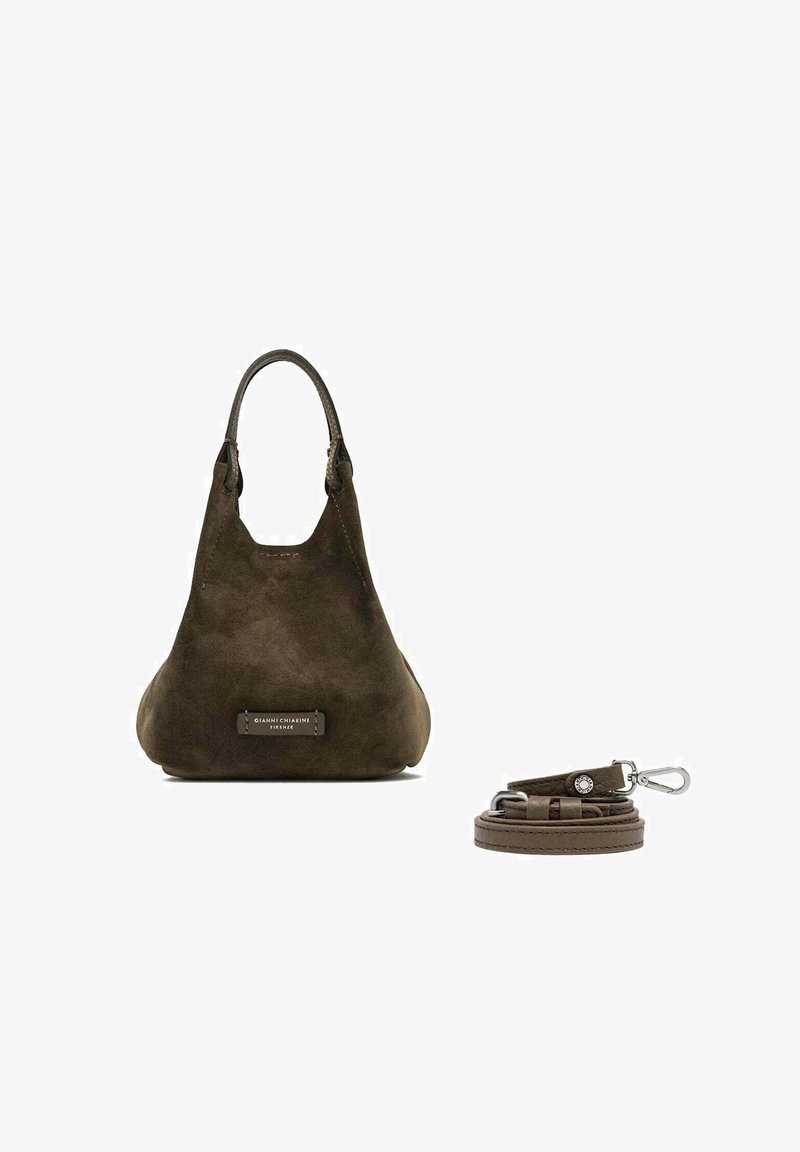 Borsa in suede marrone scuro con un manico superiore singolo e una tracolla abbinata staccabile con ganci in argento.