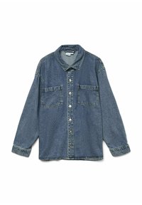 Denim shirt in dark blue with a button-down front, two chest pockets, and a pointed collar. Features long sleeves with buttoned cuffs.