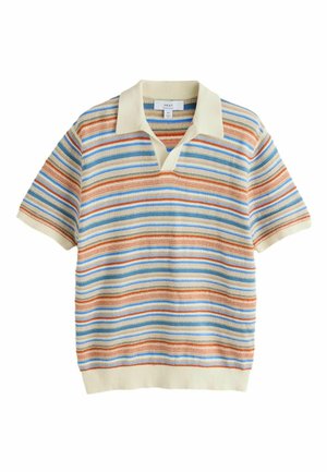 Tricou polo tricotat cu mâneci scurte, cu guler alb și dungi orizontale în nuanțe de albastru, portocaliu și bej, mărimea medie.