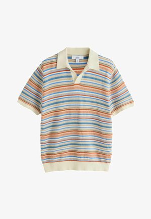 Short-sleeve knitted polo shirt with white collar and horizontal stripes in blue, orange, and beige tones, size medium.