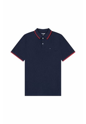 Navy polo shirt made of textured fabric, featuring red and white stripes on the collar and sleeves, two-button placket, and small logo.
