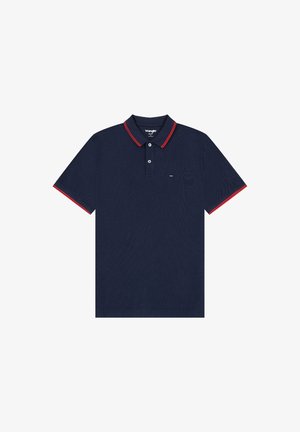 Jūrinės polo marškinėliai, pagaminti iš tekstūruotos medžiagos, su raudonomis ir baltomis juostelėmis ant apykaklės ir rankovių, dviem mygtukais, ir nedideliu logotipu.