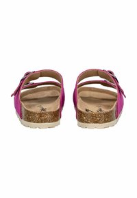Sandali in suede fucsia con due cinturini regolabili, suola intermedia in sughero e suola esterna in gomma solida. Design con retro aperto per una facile indossabilità.