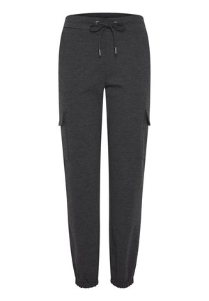 Dunkelgraue Jogginghose mit einem Zugbandbund, elastischen Bündchen und seitlichen Cargo-Taschen. Hergestellt aus weichem, strukturiertem Stoff.
