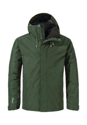 Grüne wasserdichte Jacke mit Kapuze, ausgestattet mit einem Reißverschluss vorne, weichem Innenfutter, verstellbaren Bündchen und reflektierenden Logodetails.