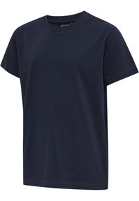 Mörkblå bomulls-t-shirt med kort ärm, rund halsringning och klassisk passform. Slät textur utan synliga mönster eller detaljer.