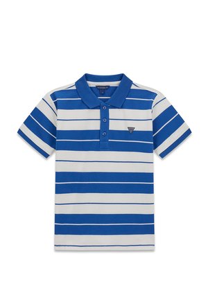 Polo à manches courtes à rayures horizontales bleues et blanches, avec trois boutons et un petit logo triangulaire sur le côté gauche de la poitrine.