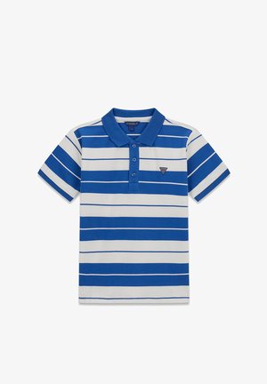 Polo a maniche corte a righe orizzontali blu e bianche con tre bottoni e un piccolo logo triangolare sul lato sinistro del petto.