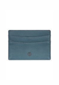 Kaart houder in blauw leer met een getextureerde afwerking, voorzien van drie vakken en een reliëf logo aan de voorkant. Stiksel in een contrasterende kleur.