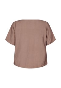 Brown, short-sleeved top with a boxy shape and a smooth, slightly wrinkled texture. Straight hem and wide boat neckline at the back.