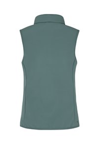 Kamizelka w jednolitym, tealistym kolorze, bez rękawów, z wysokim kołnierzem. Wykonana z gładkiego, lekkiego materiału. Ma dopasowany krój i brak widocznych zapięć.
