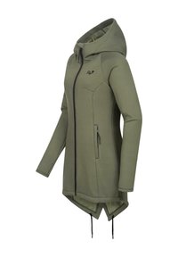 Olivgrön lång hoodie med fullständig dragkedja fram, sidofickor, justerbar dragsko nederkant och huva. Slät tyg med en figurnära design.