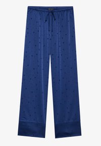 Pantaloni del pigiama blu in tessuto setoso, con un motivo di stelle e lune, dotati di vita elasticizzata e cordoncino, design a gamba ampia.