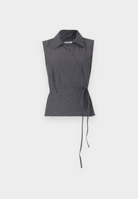 Top senza maniche in tessuto a quadri navy e bianco, con colletto e cintura regolabile in vita. Tessuto di cotone fresco.