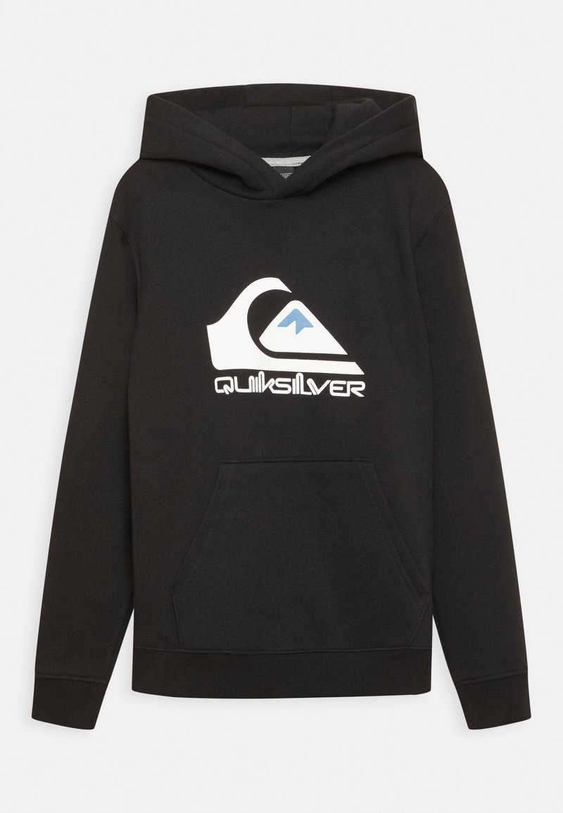 Felpa nera con cappuccio realizzata in tessuto morbido, caratterizzata da un logo Quiksilver bianco e blu sul davanti, con tasca a marsupio e polsini a costine.