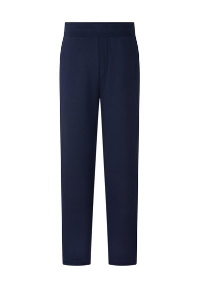 Navyblauwe trainingsbroek van zachte, rekbare stof. Ze hebben een elastische tailleband en een relaxte pasvorm langs de benen. Platte naden.