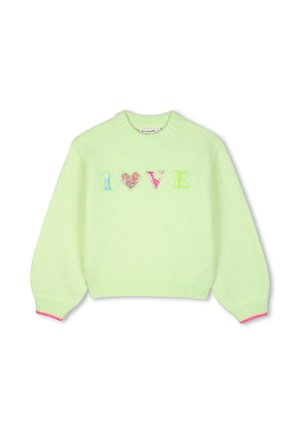 Lichtgroene gebreide trui met geribde manchetten en zoom, met het woord LOVE in kleurrijke letters en een hartvorm op de voorkant.