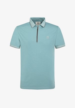 Light blue polo shirt with a zippered collar, short sleeves, and a logo detail on the chest. Features contrasting collar and sleeve accents.