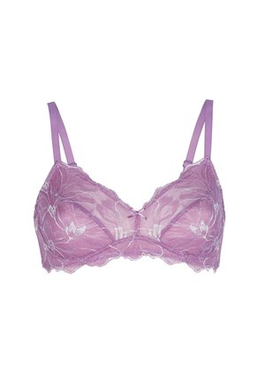 Reggiseno in pizzo lilla con ricami floreali, spalline regolabili e bordi ondulati, progettato per comfort e stile.