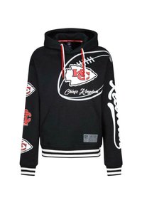 Black pullover hoodie with a front pocket, red drawstrings, white stripes at the cuffs and hem, and multiple team logos in red and white.