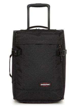 Zaino a ruote nero con maniglia robusta, materiale in tessuto, tasca frontale e logo Eastpak. Presenta spallacci regolabili e una forma rettangolare.